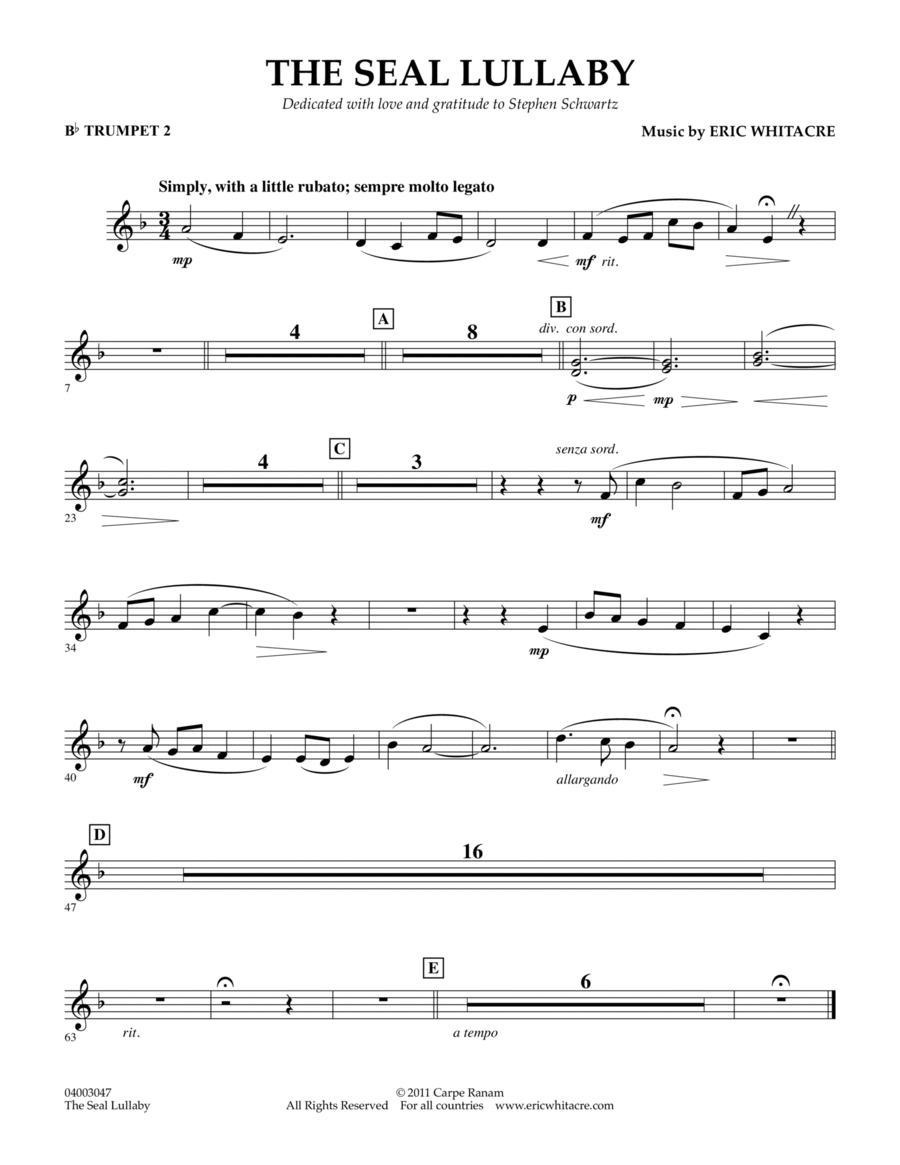 The Seal Lullaby - Bb Trumpet 2 Concert Band scores gallery preview page 1