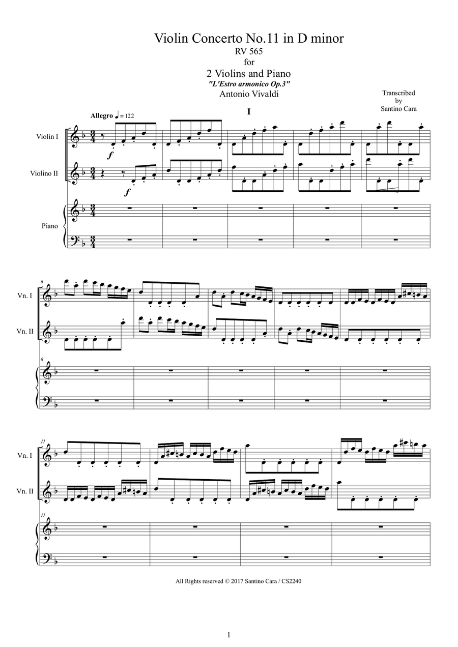 Vivaldi - Violin Concerto No.11 in D minor RV 565 Op.3 for Two Violins and Piano Violin Solo scores gallery preview page 1