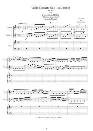 Book cover for Vivaldi - Violin Concerto No.11 in D minor RV 565 Op.3 for Two Violins and Piano