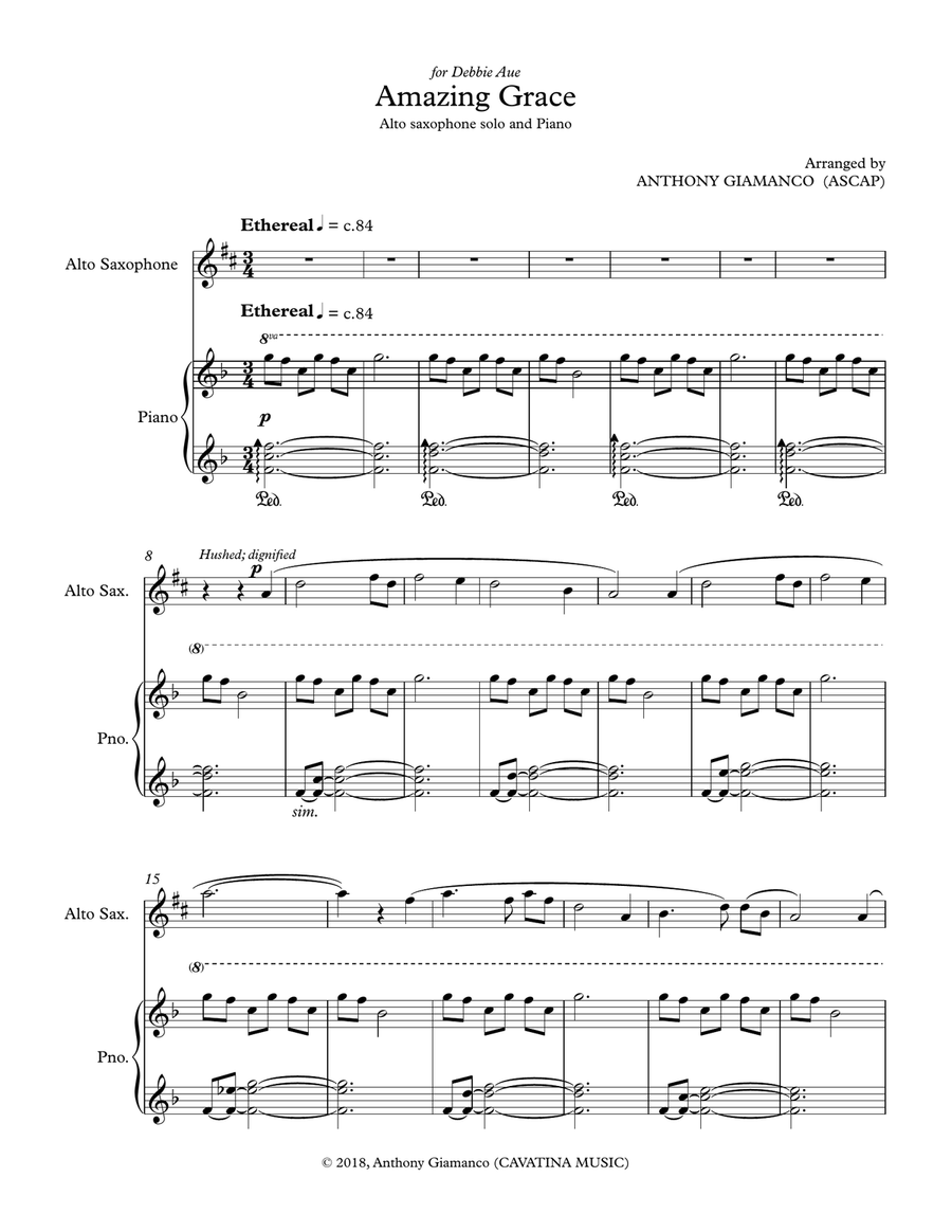 Amazing Grace (alto saxophone solo and piano) - Score & parts Alto Saxophone scores gallery preview page 2