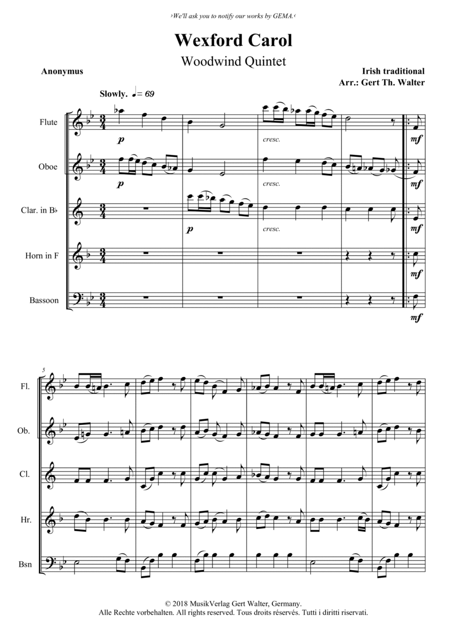 Wexford Carol Woodwind Quintet scores gallery preview page 1