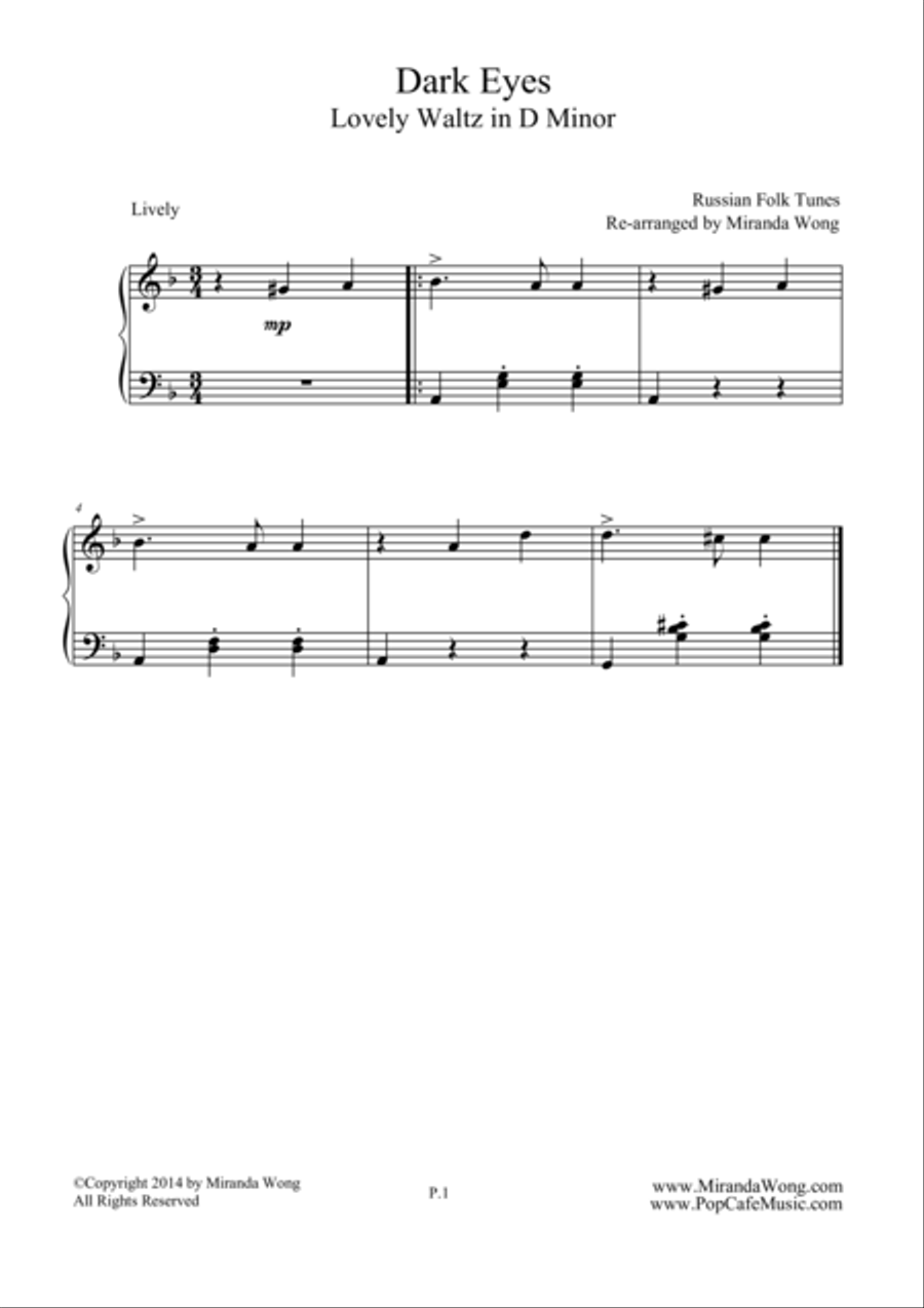 Beautiful Waltz in D Minor (Dark Eyes) - Easy Piano Solo 4-Part scores gallery preview page 1
