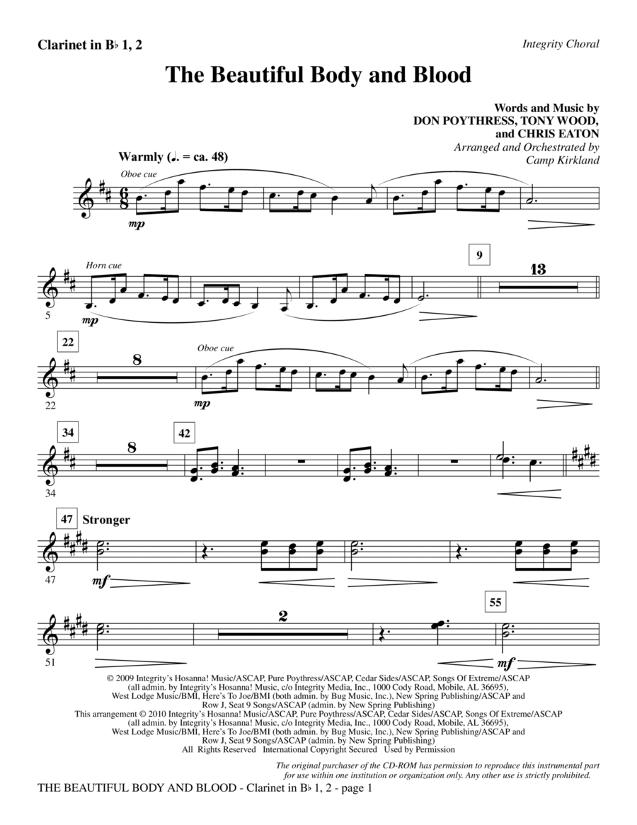 The Beautiful Body And Blood - Clarinet 1 & 2 Choir scores gallery preview page 1