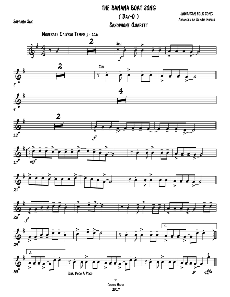 The Banana Boat Song (Day - O) - Sax Quartet (SATB or AATB) Plus Optional Acoustic Bass and Drum Set image number null