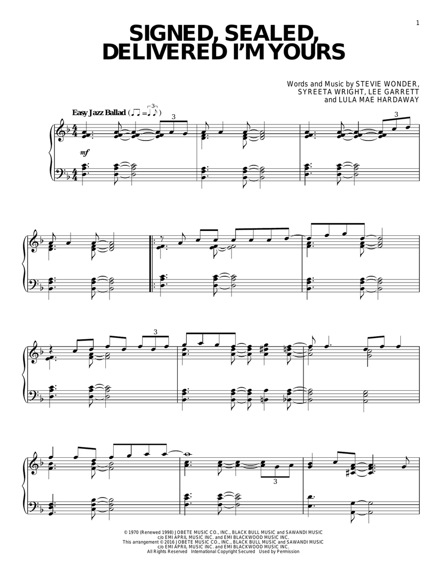 Signed, Sealed, Delivered I'm Yours [Jazz version] Piano Solo scores gallery preview page 1