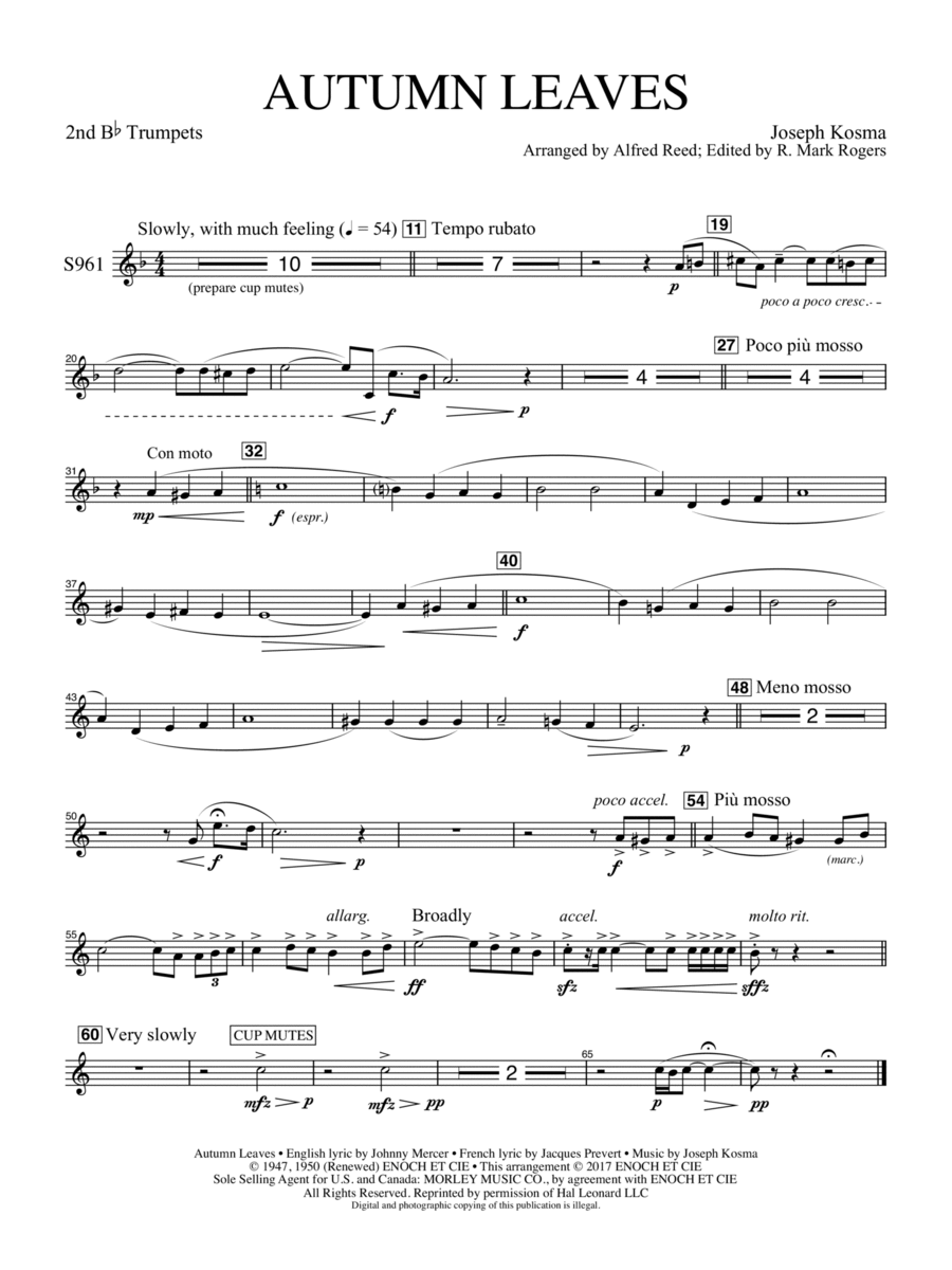 Autumn Leaves (Les feuilles mortes) - Trumpet 2 Concert Band scores gallery preview page 1
