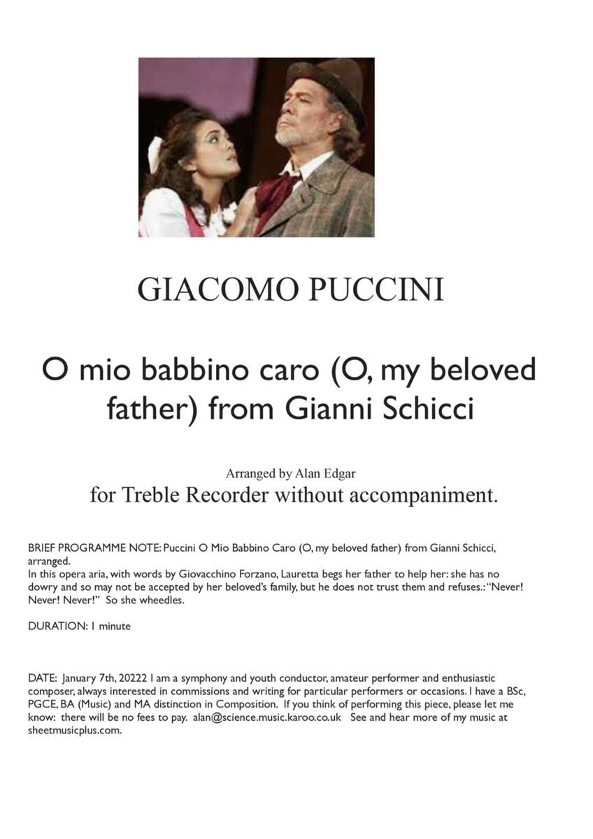 O MIO BABBINO CARO (O, my beloved father) from Gianni Schicci, arranged for Treble Recorder without image number null
