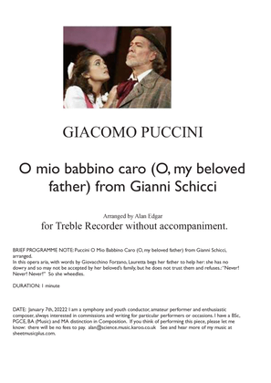 O MIO BABBINO CARO (O, my beloved father) from Gianni Schicci, arranged for Treble Recorder without