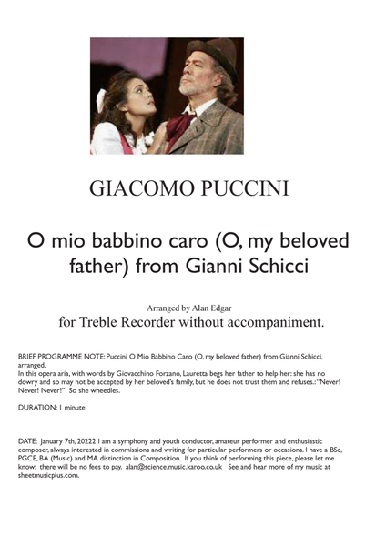 O MIO BABBINO CARO (O, my beloved father) from Gianni Schicci, arranged for Treble Recorder without image number null