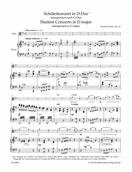 Concerto D major op. 22 (Arranged for viola, transposed to G major)