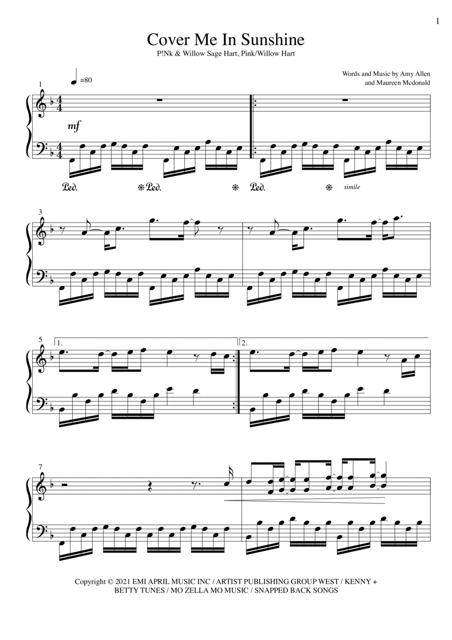 Cover Me In Sunshine Cover Me In Sunshine Piano Solo scores gallery preview page 1