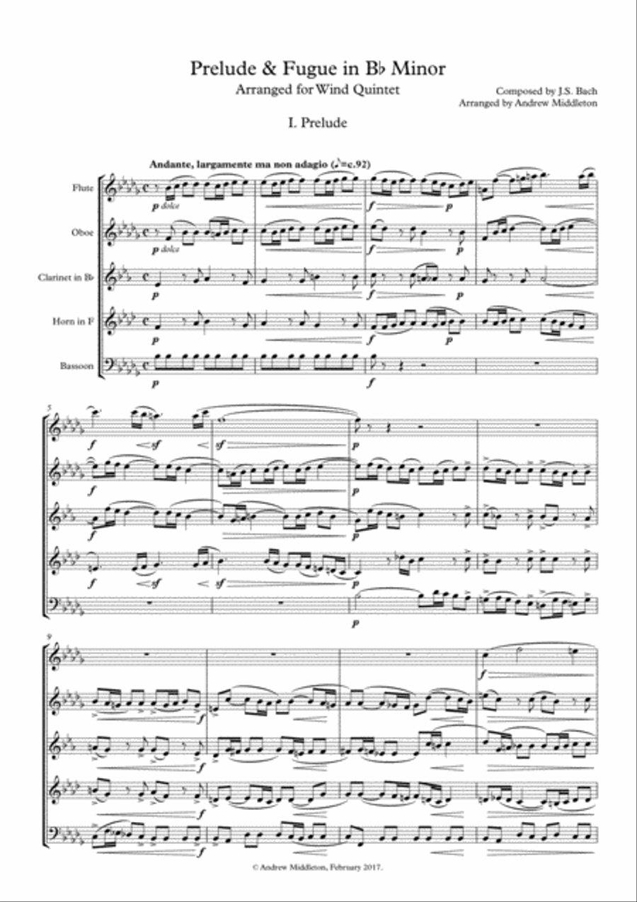 Prelude and Fugue in B Flat Minor BWV 867, for Wind Quintet Woodwind Quintet scores gallery preview page 3