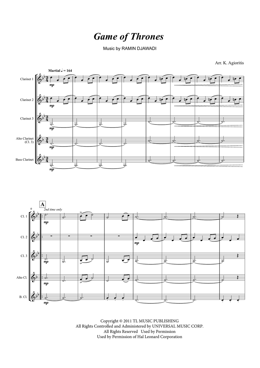 Game Of Thrones Clarinet Quartet scores gallery preview page 2