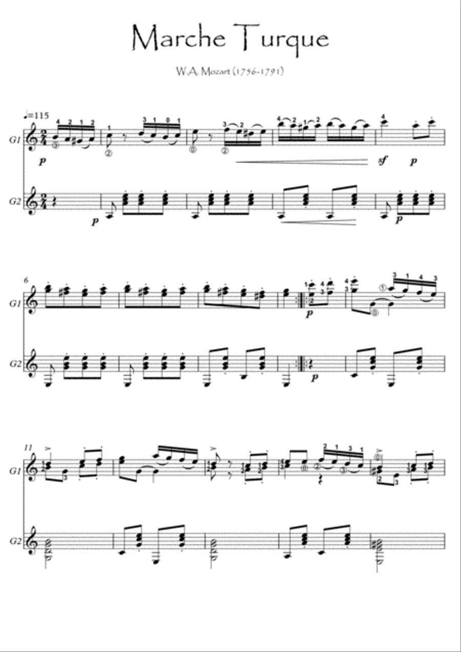 Guitar duet Alla turca by Mozart Acoustic Guitar scores gallery preview page 1