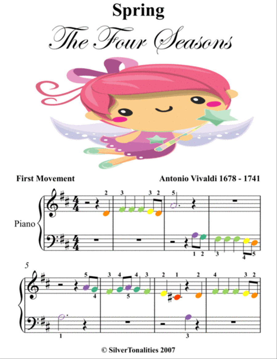 Spring the Four Seasons Beginner Piano Sheet Music with Colored Notes Easy Piano scores gallery preview page 3