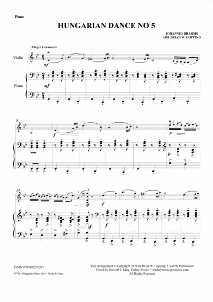 HUNGARIAN DANCE NO5 – VIOLIN & PIANO Violin Solo scores gallery preview page 2