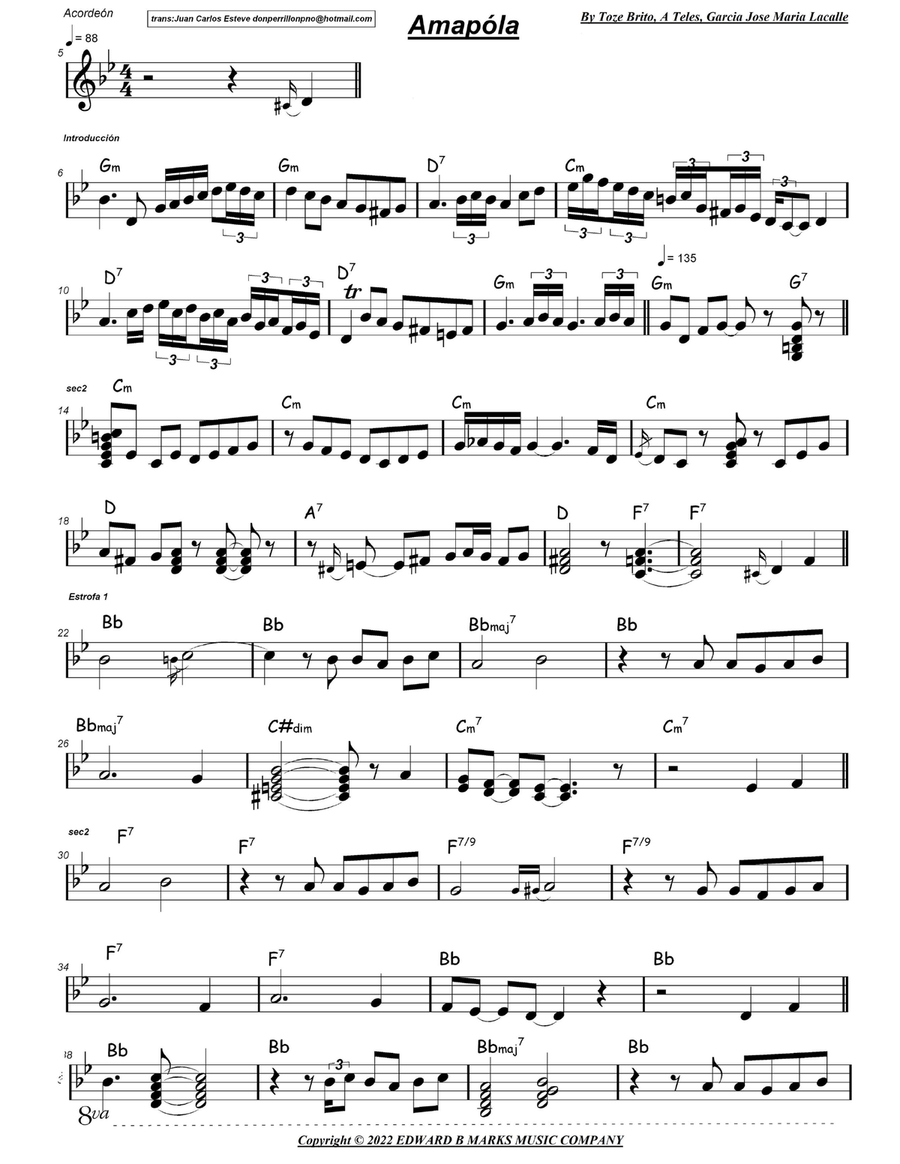 Amapola (portuguese Version) Accordion scores gallery preview page 1