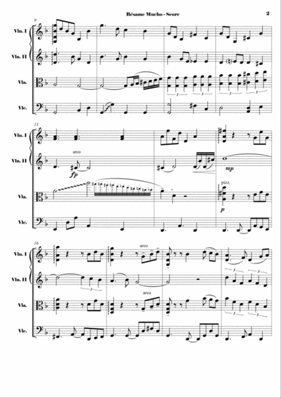 Besame Mucho (Kiss Me Much) String Quartet scores gallery preview page 2