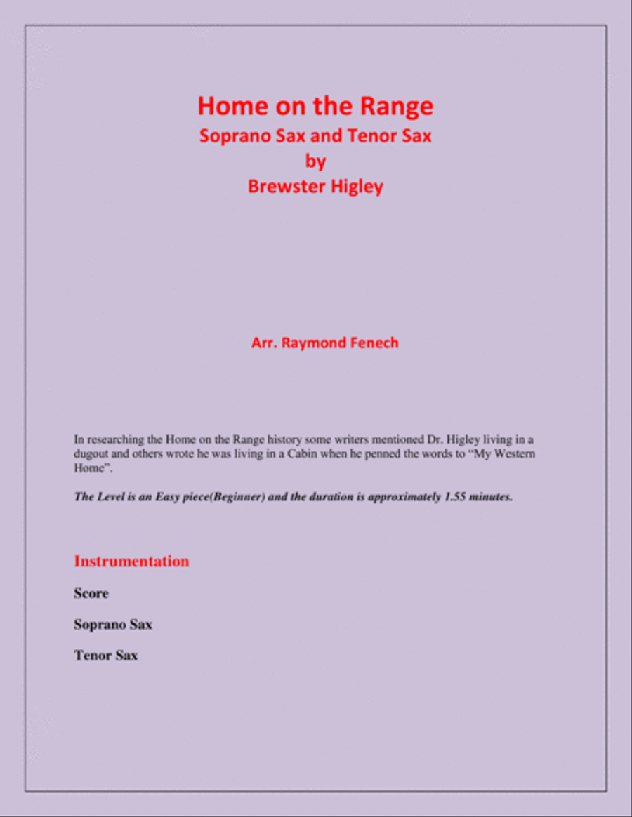 Home on the Range - Brewster Higley - For Soprano Sax and Tenor Sax - Easy/Beginner level Woodwind Duet scores gallery preview page 2