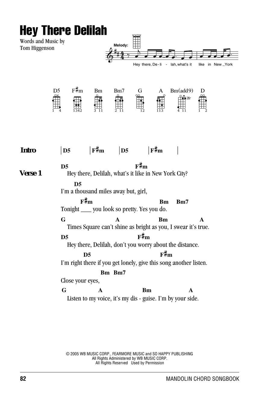 Hey There Delilah Mandolin scores gallery preview page 1