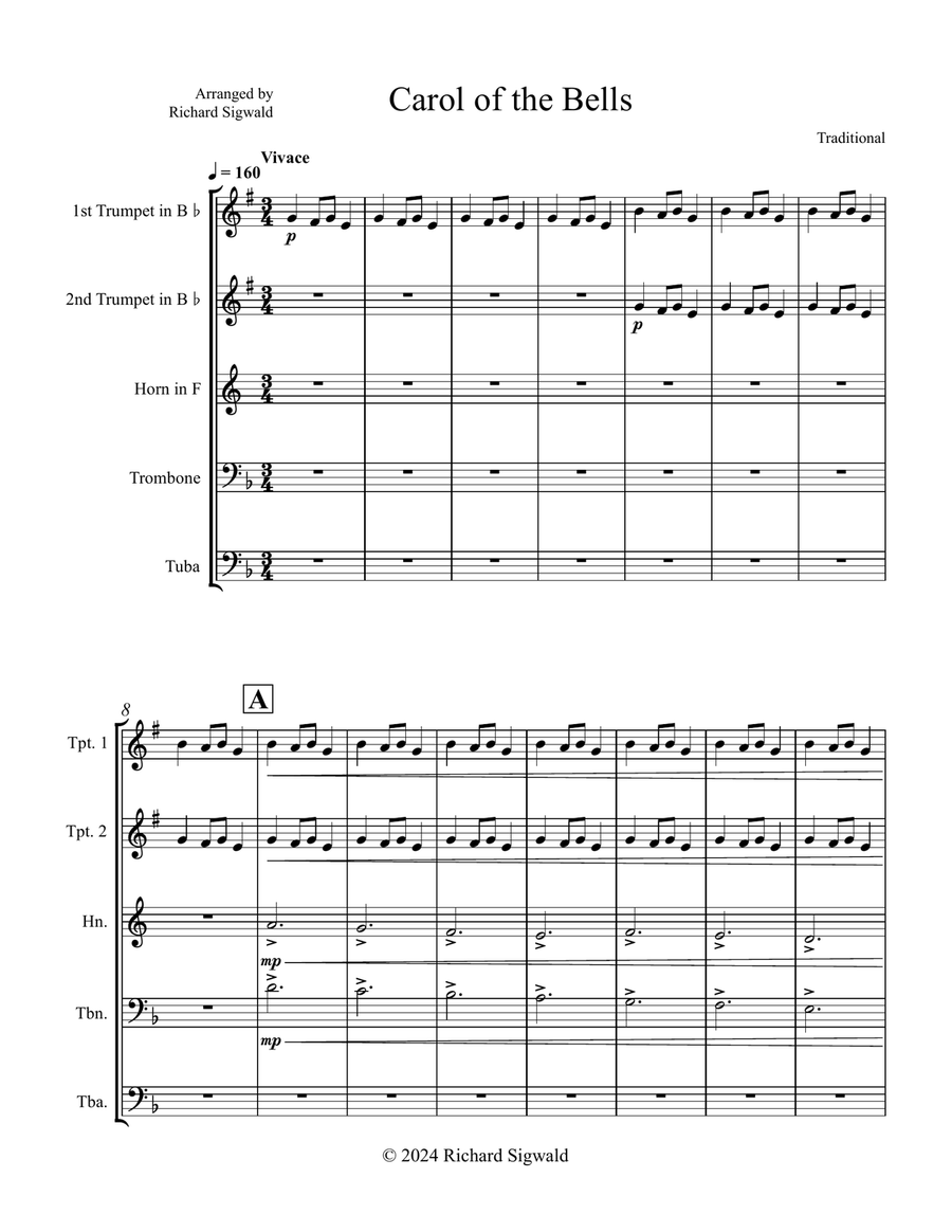 Carol of the Bells Brass Quintet scores gallery preview page 1