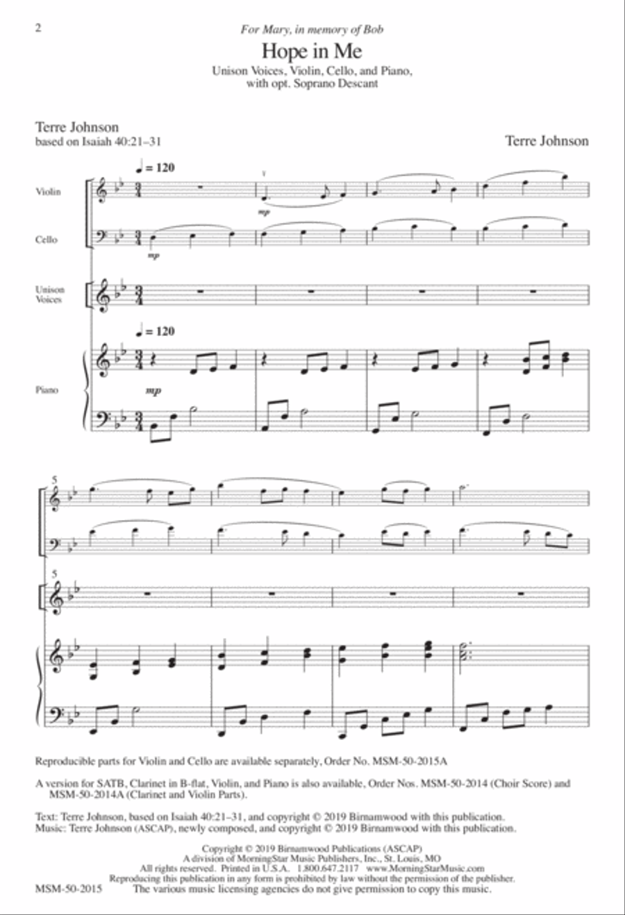 Hope in Me Hope in Me Unison Choir scores gallery preview page 1