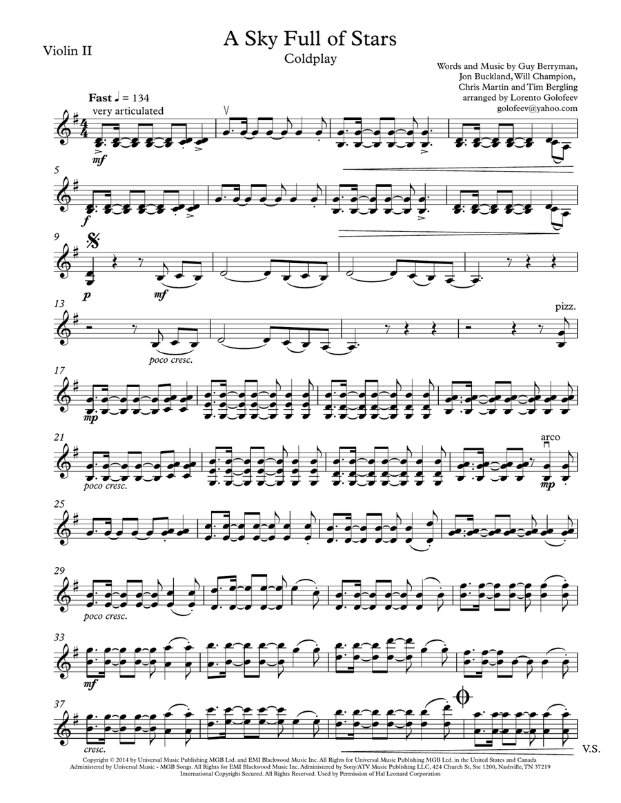 A Sky Full Of Stars String Quartet scores gallery preview page 3