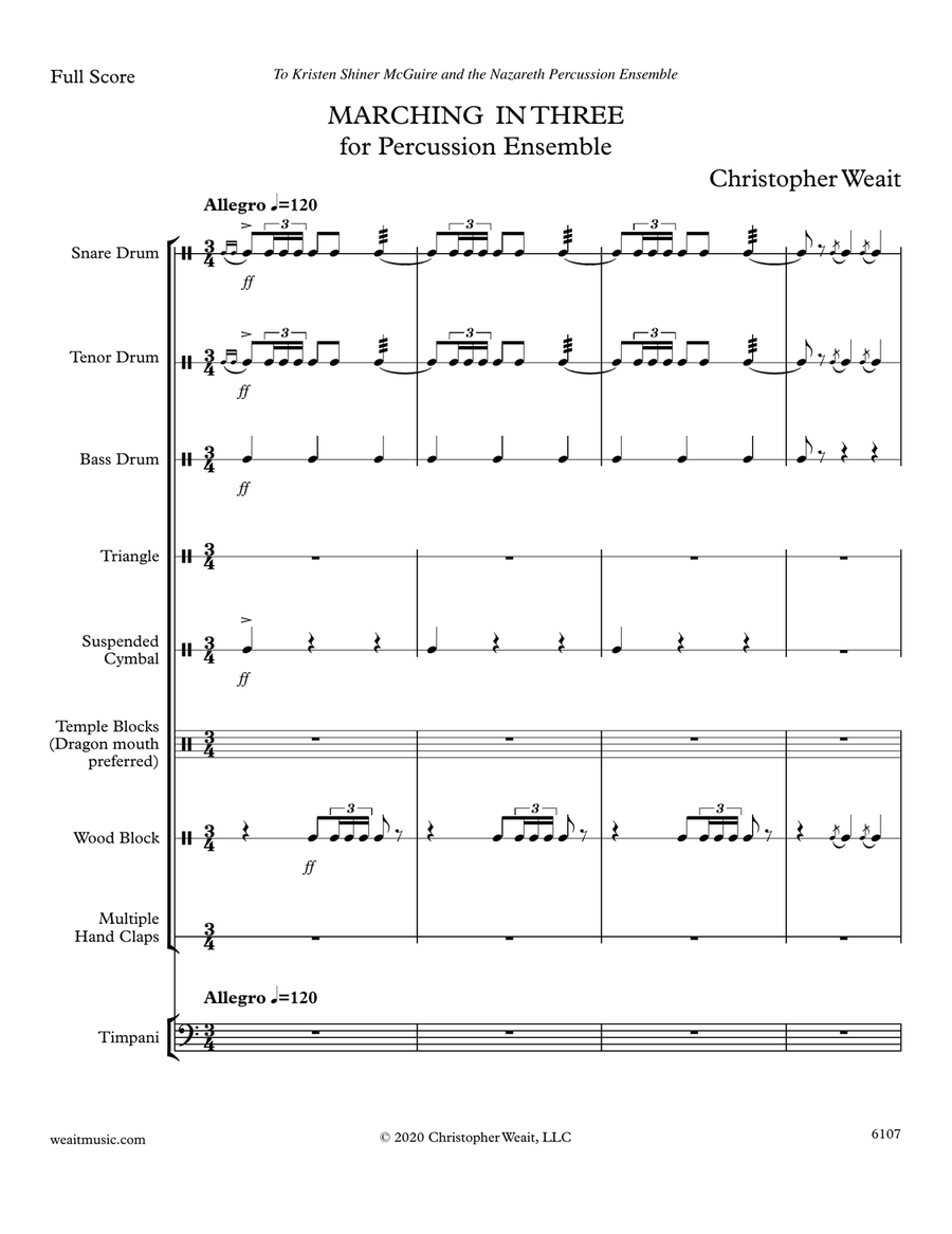 Marching in Three for nine percussion (3’32) Percussion Ensemble scores gallery preview page 2