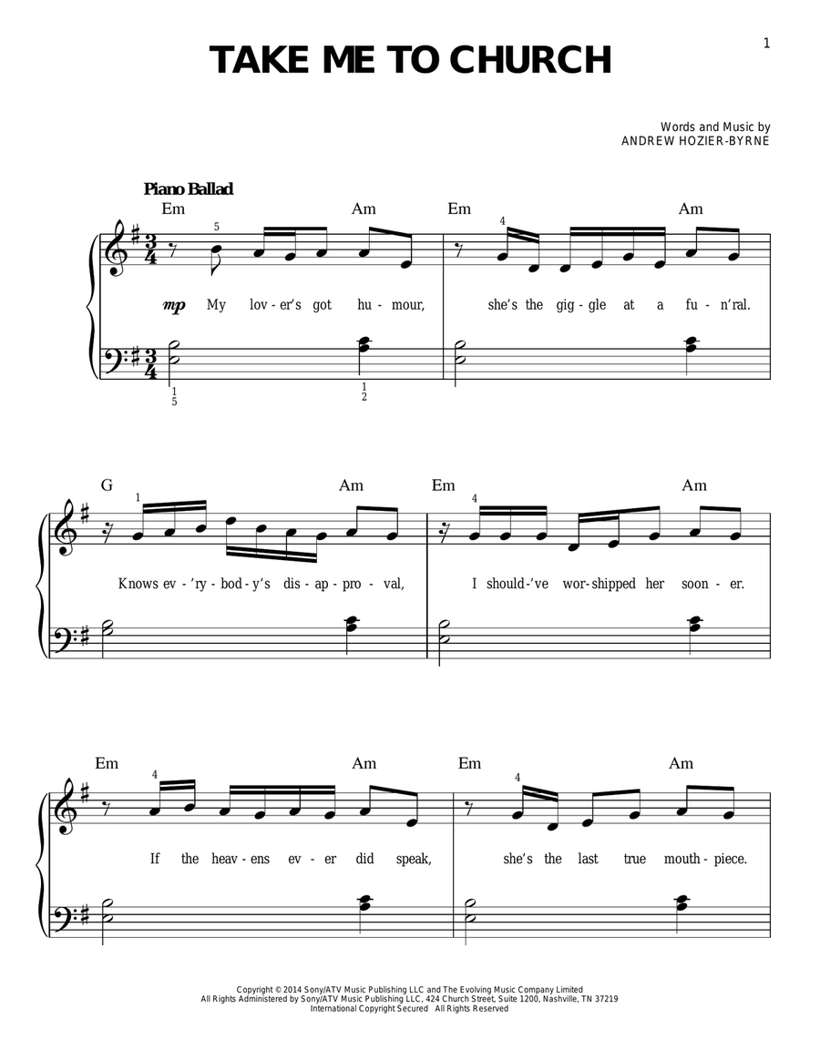 Take Me To Church Take Me To Church Easy Piano scores gallery preview page 1