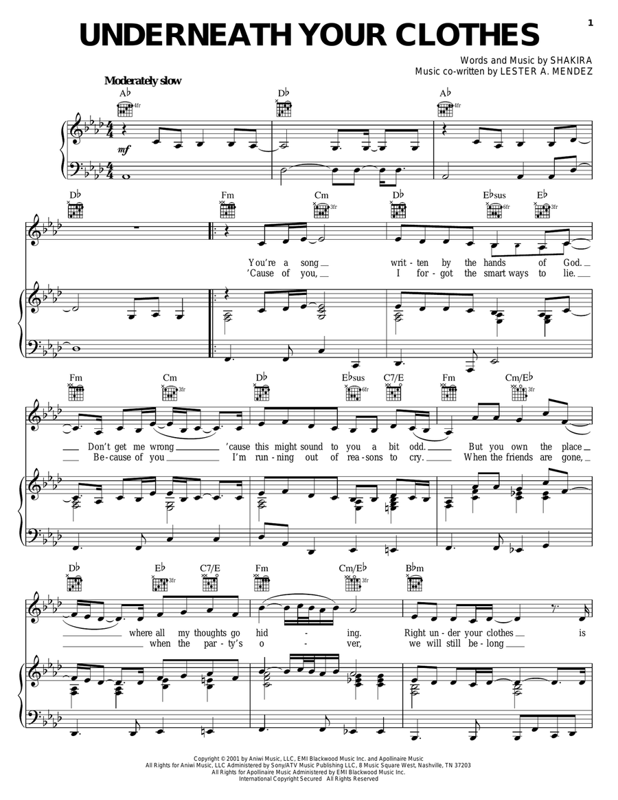 Underneath Your Clothes Underneath Your Clothes Piano, Vocal, Guitar scores gallery preview page 1