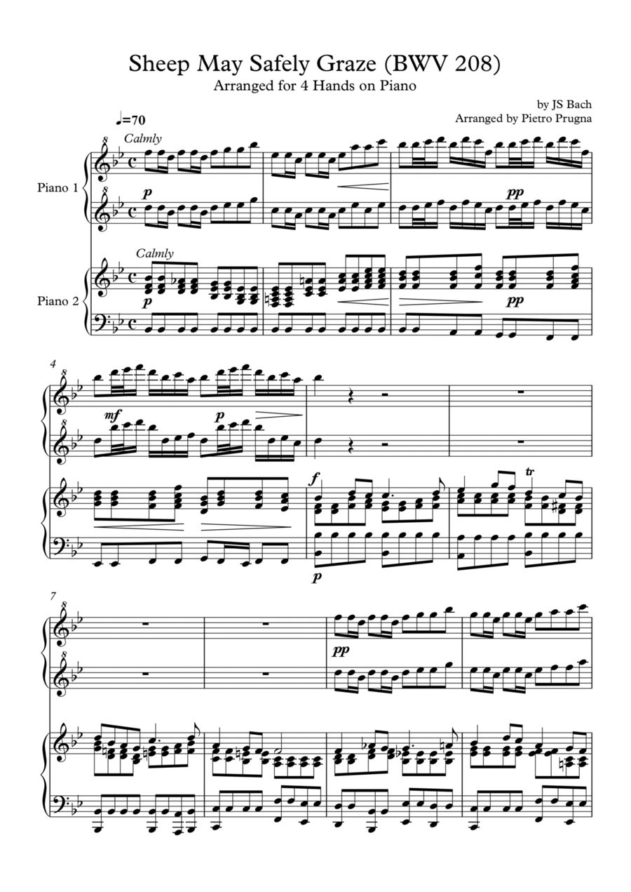Sheep May Safely Graze (BWV 208) by JS Bach - arranged for Piano Duet 1 Piano, 4-Hands scores gallery preview page 1