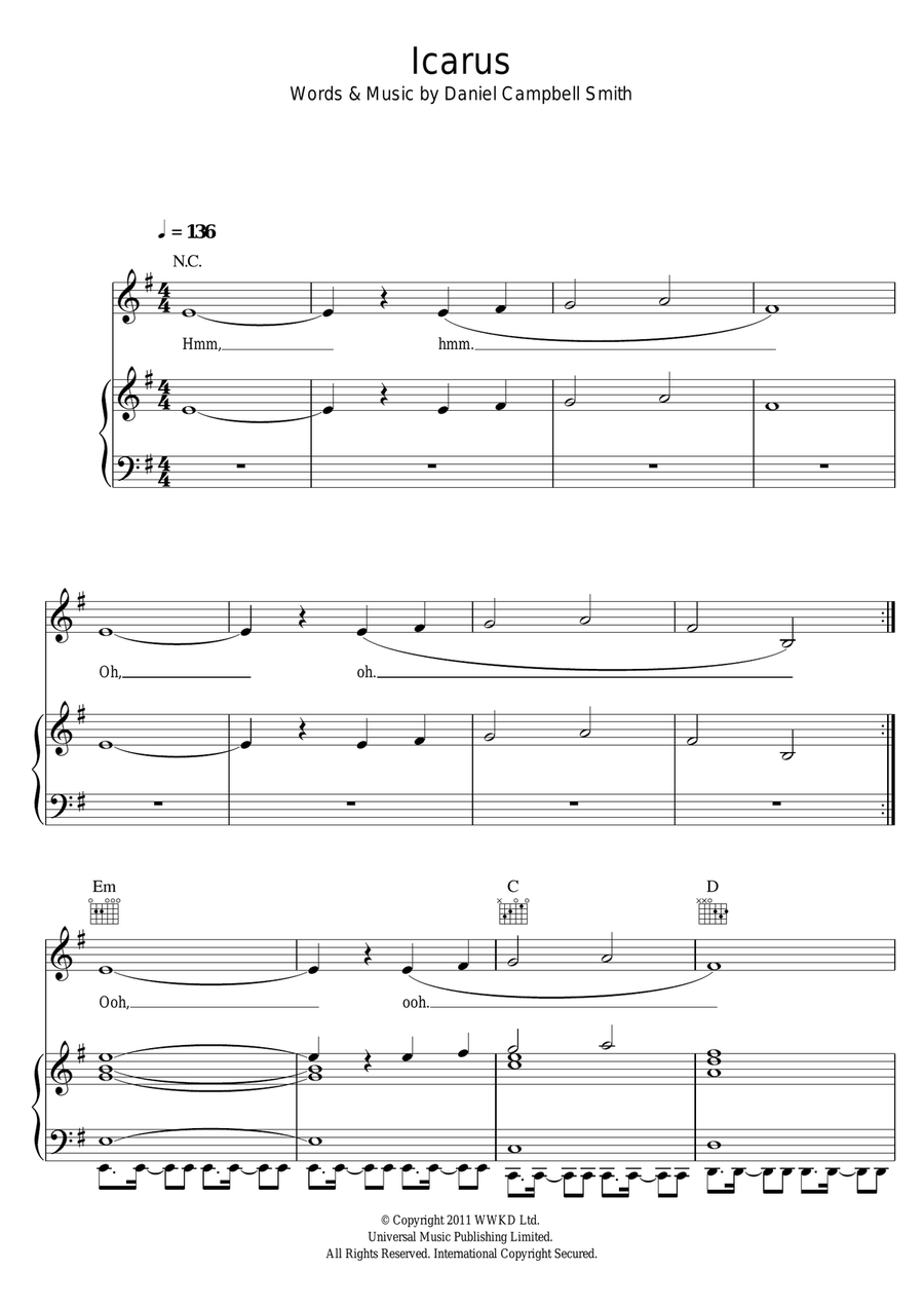 Icarus Piano, Vocal, Guitar scores gallery preview page 1