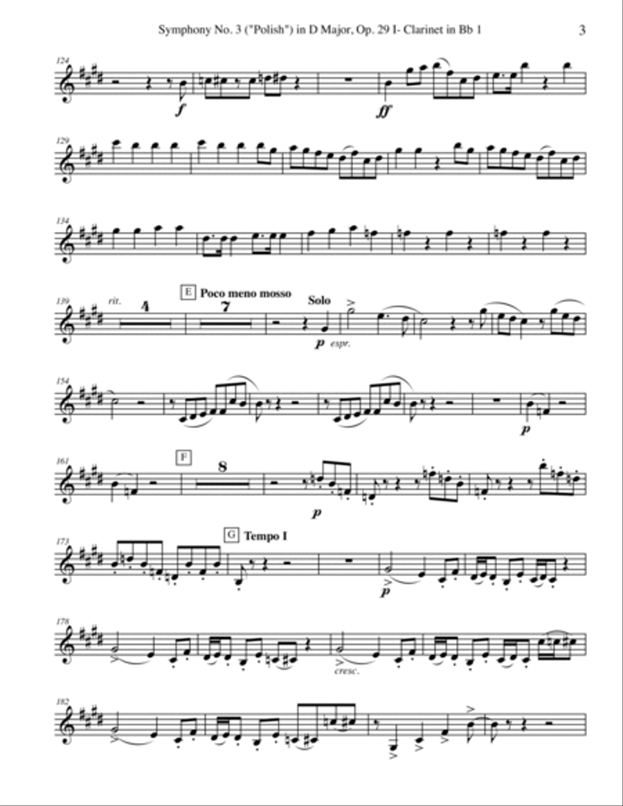 Tchaikovsky Symphony No. 3, Movement I - Clarinet in Bb 1 (Transposed Part), Op. 29 B-Flat Clarinet scores gallery preview page 3