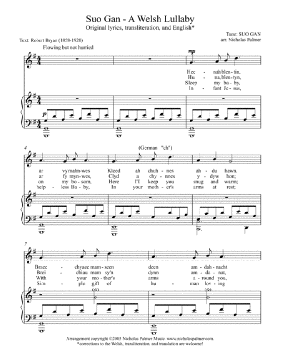 Suo gan/Welsh lullaby - original and Christmas lyrics - high voice High Voice scores gallery preview page 1