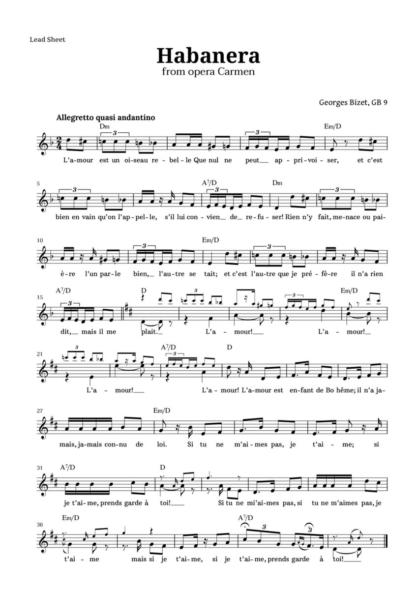 Habanera from Carmen by Bizet Lead Sheet image number null