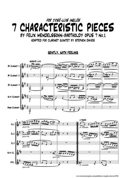 '7 Characteristic Pieces' by Felix Mendelssohn-Bartholdy for Clarinet Quintet. image number null