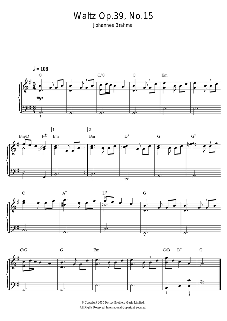Waltz Op. 39, No. 15 Waltz Op. 39, No. 15 Easy Piano scores gallery preview page 1