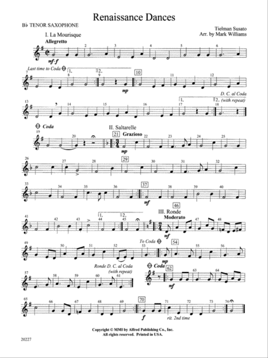 Renaissance Dances: B-flat Tenor Saxophone Concert Band scores gallery preview page 1