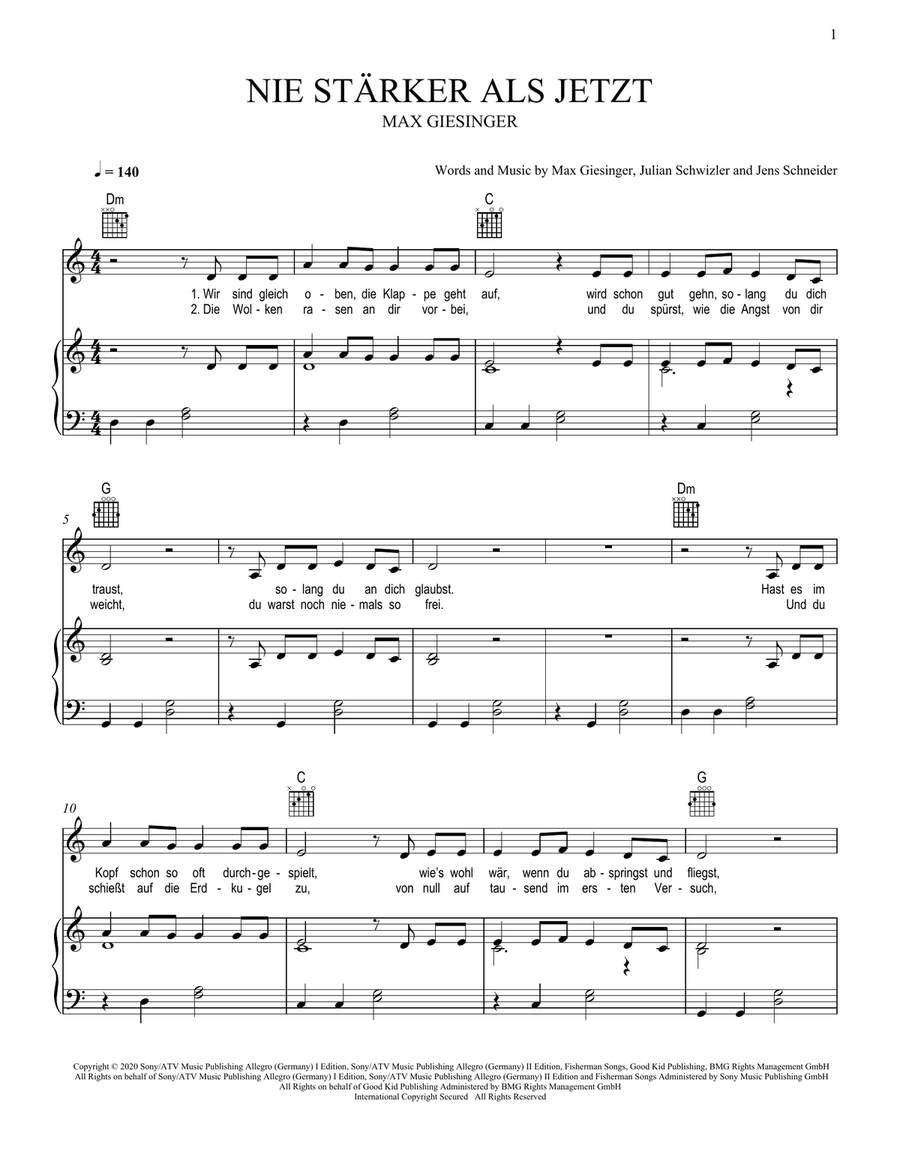 Nie stärker als jetzt Piano, Vocal, Guitar scores gallery preview page 1