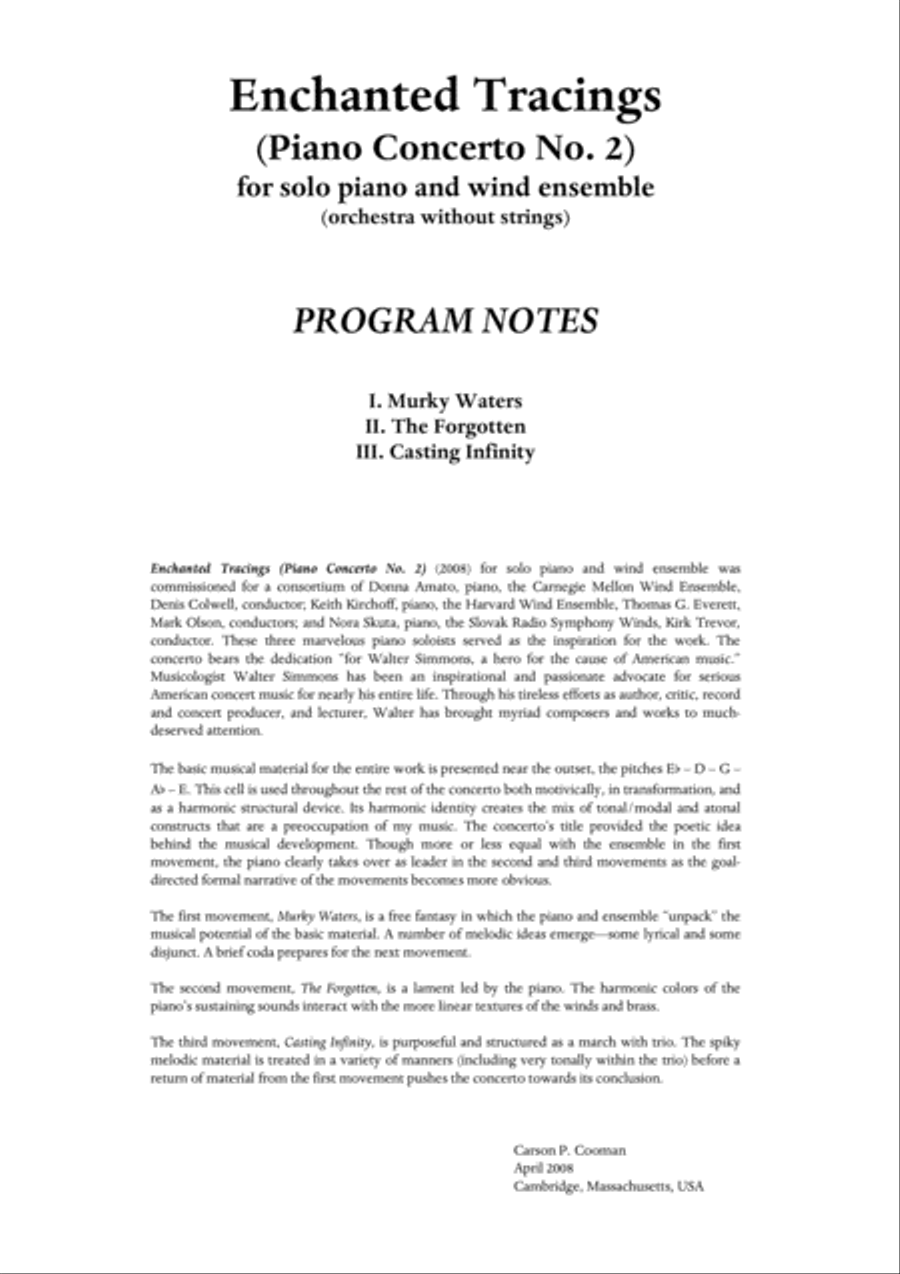 Carson Cooman: Enchanted Tracings (Piano Concerto No. 2) (2008) for solo piano and wind ensemble, sc