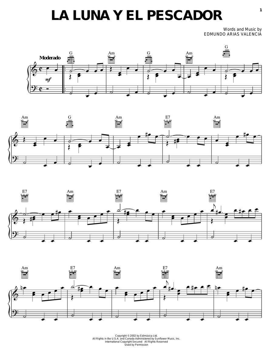 La Luna Y El Pescador Piano, Vocal, Guitar scores gallery preview page 1