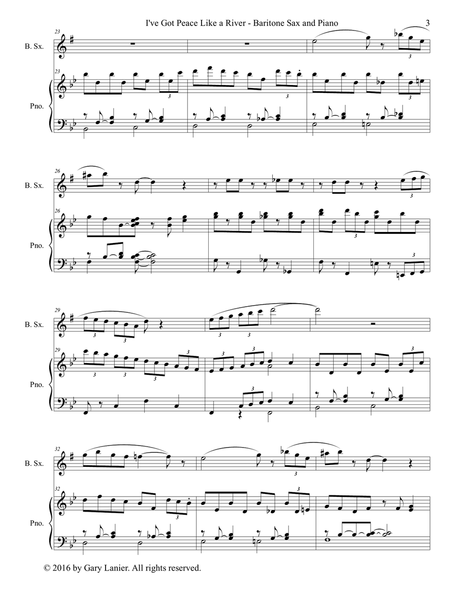 Gary Lanier: I'VE GOT PEACE LIKE A RIVER (Duet – Baritone Sax & Piano with Parts) Woodwind Duet scores gallery preview page 4