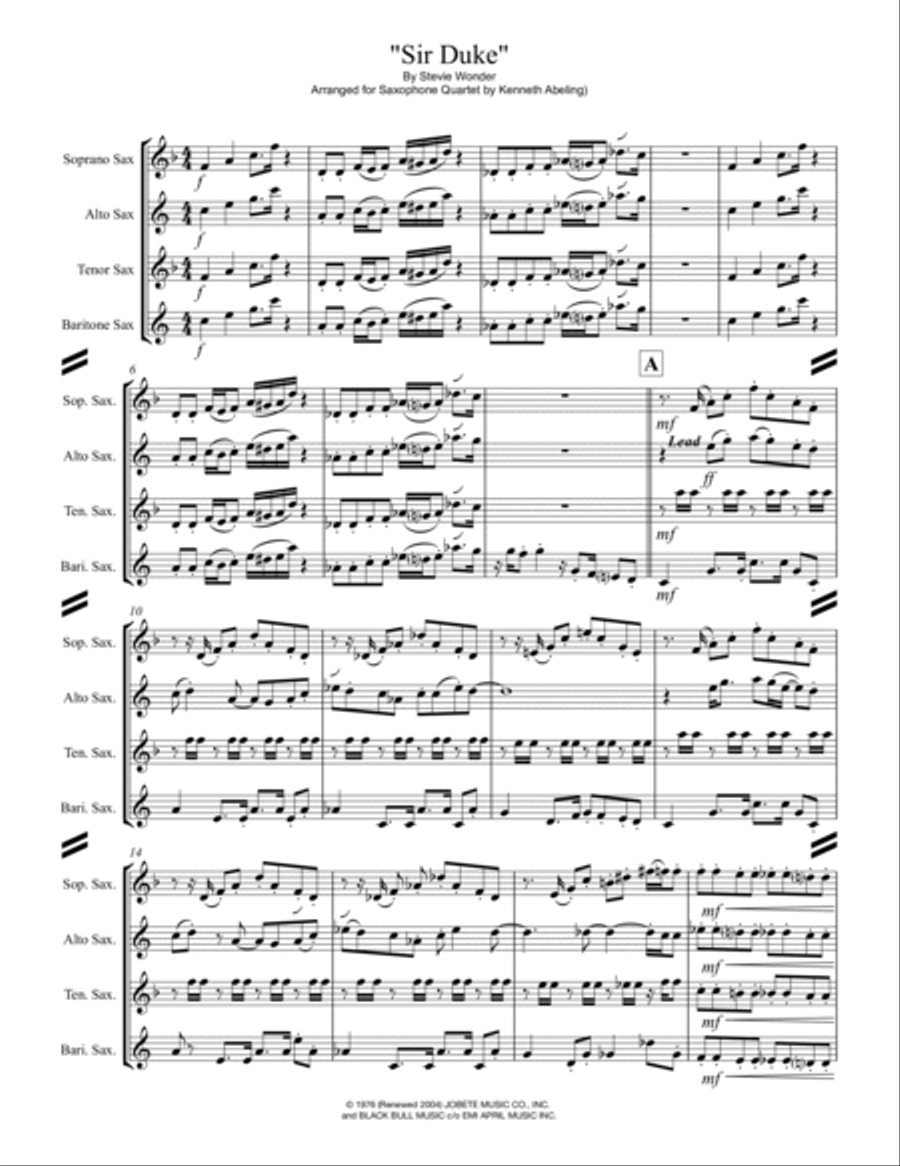 Sir Duke Saxophone Quartet scores gallery preview page 2