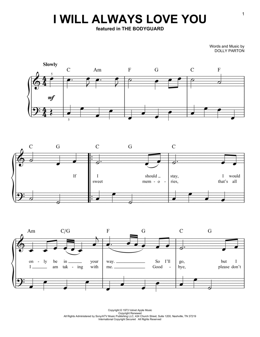 I Will Always Love You Easy Piano scores gallery preview page 1