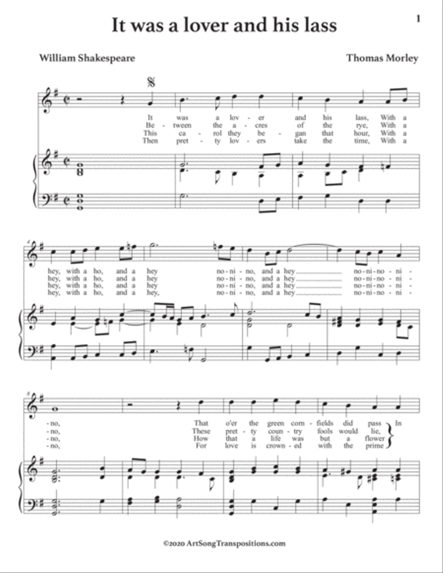 MORLEY: It was a lover and his lass (transposed to G major) Voice scores gallery preview page 2
