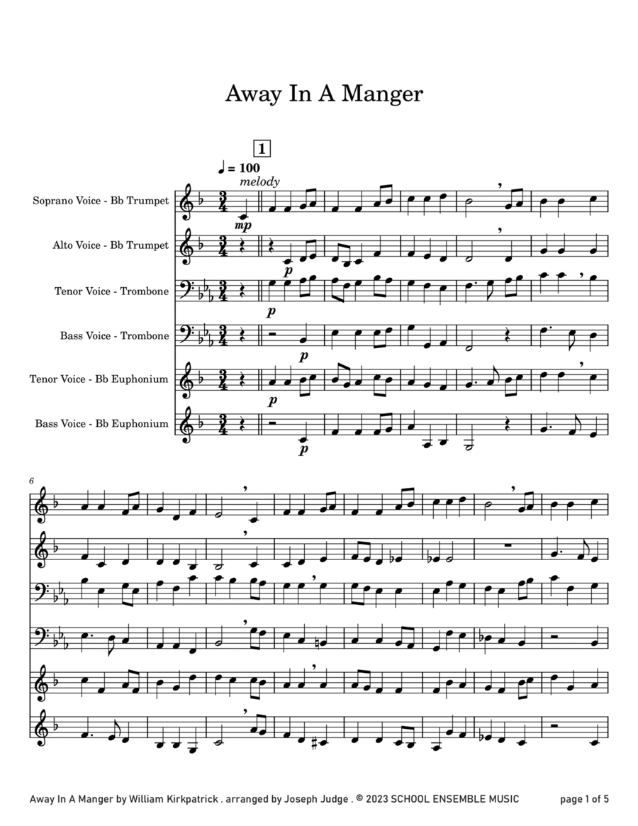 Away In A Manger for Brass Quartet in Schools Brass Quartet scores gallery preview page 1