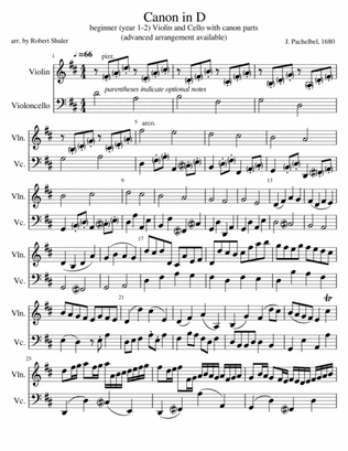 Canon in D for beginner Violin-Cello Duet (with cello canon parts)