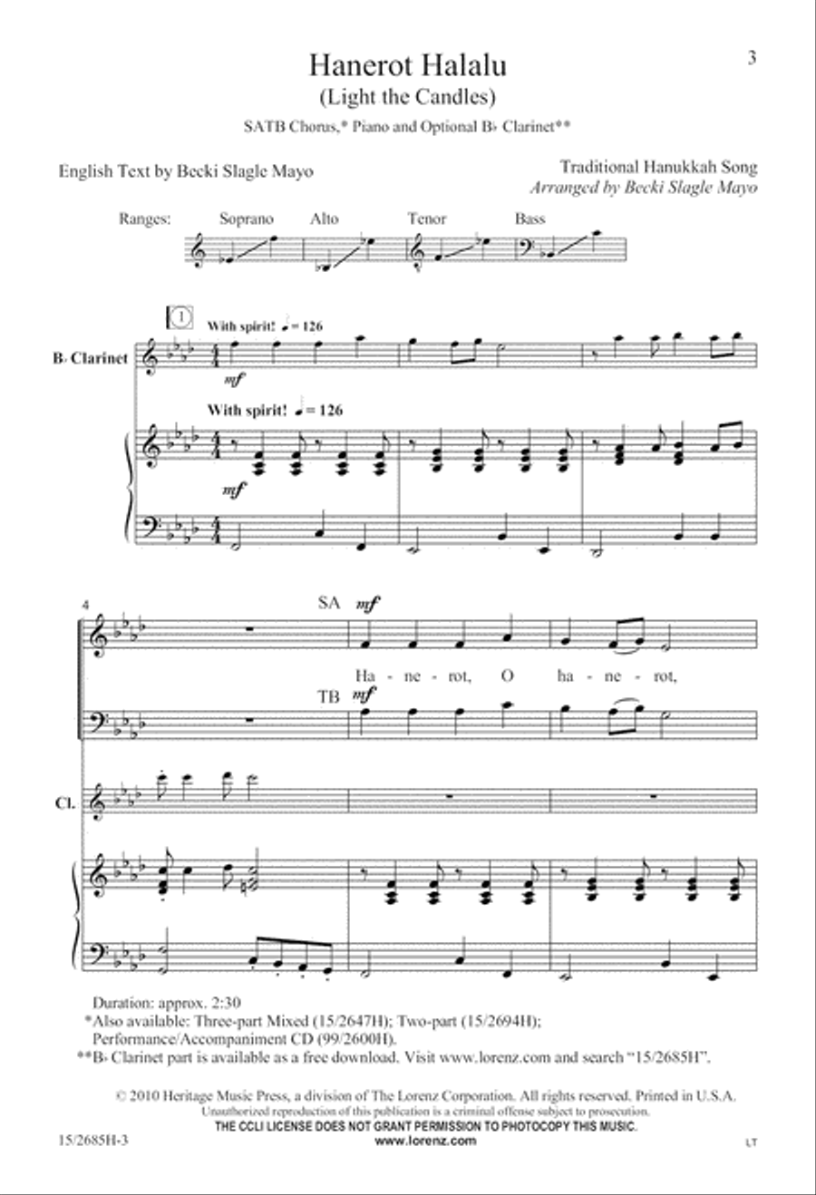 Hanerot Halalu (Light the Candles) 4-Part scores gallery preview page 3
