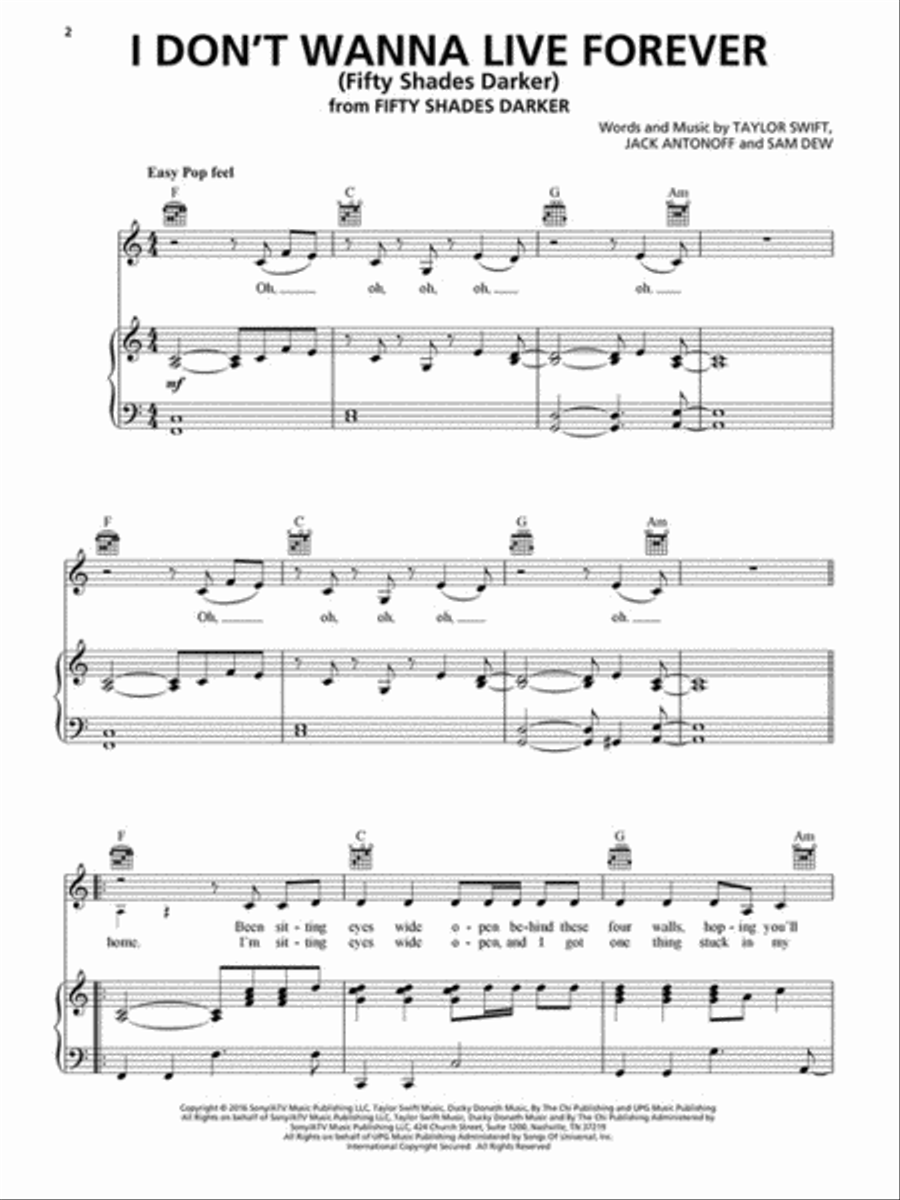 I Don't Wanna Live Forever Piano, Vocal, Guitar scores gallery preview page 2
