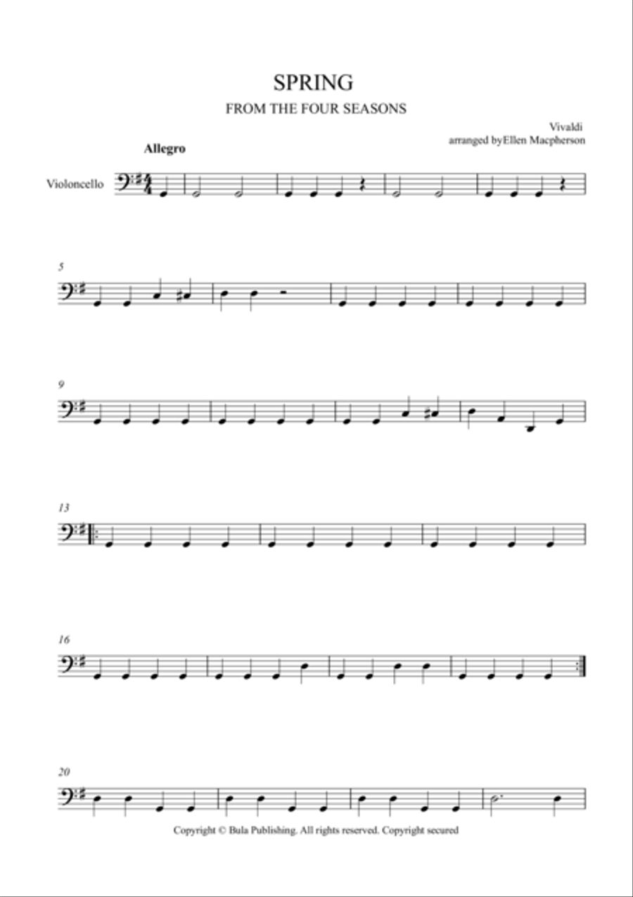 SPRING - FROM THE FOUR SEASONS - EASY STRING QUARTET MUSIC - CELLO String Quartet scores gallery preview page 1